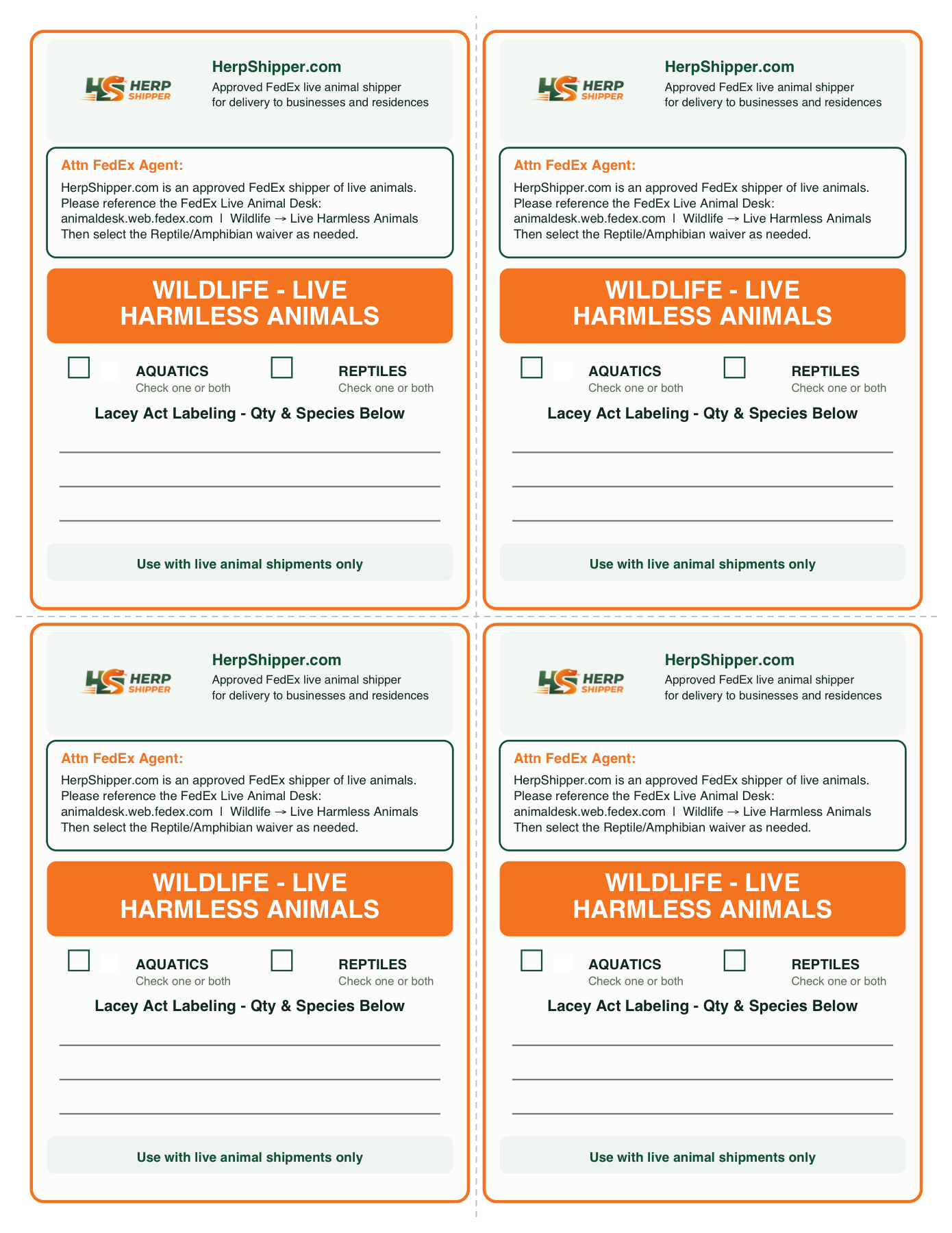 Printable HerpShipper Lacey Act live harmless reptile label sheet with aquatics and reptiles checkboxes